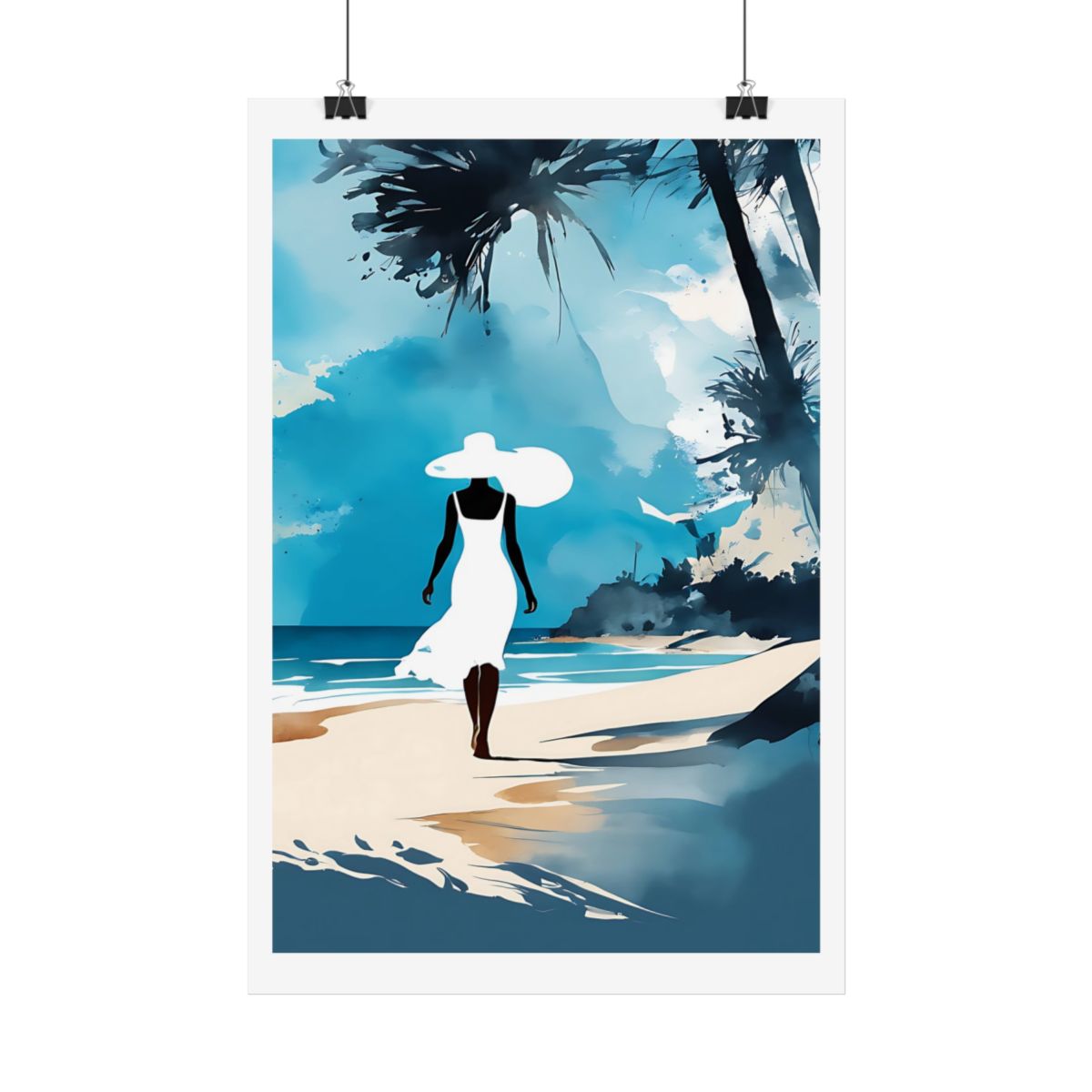 Azure Escape beach sea poster – hanging example watercolor wall art print