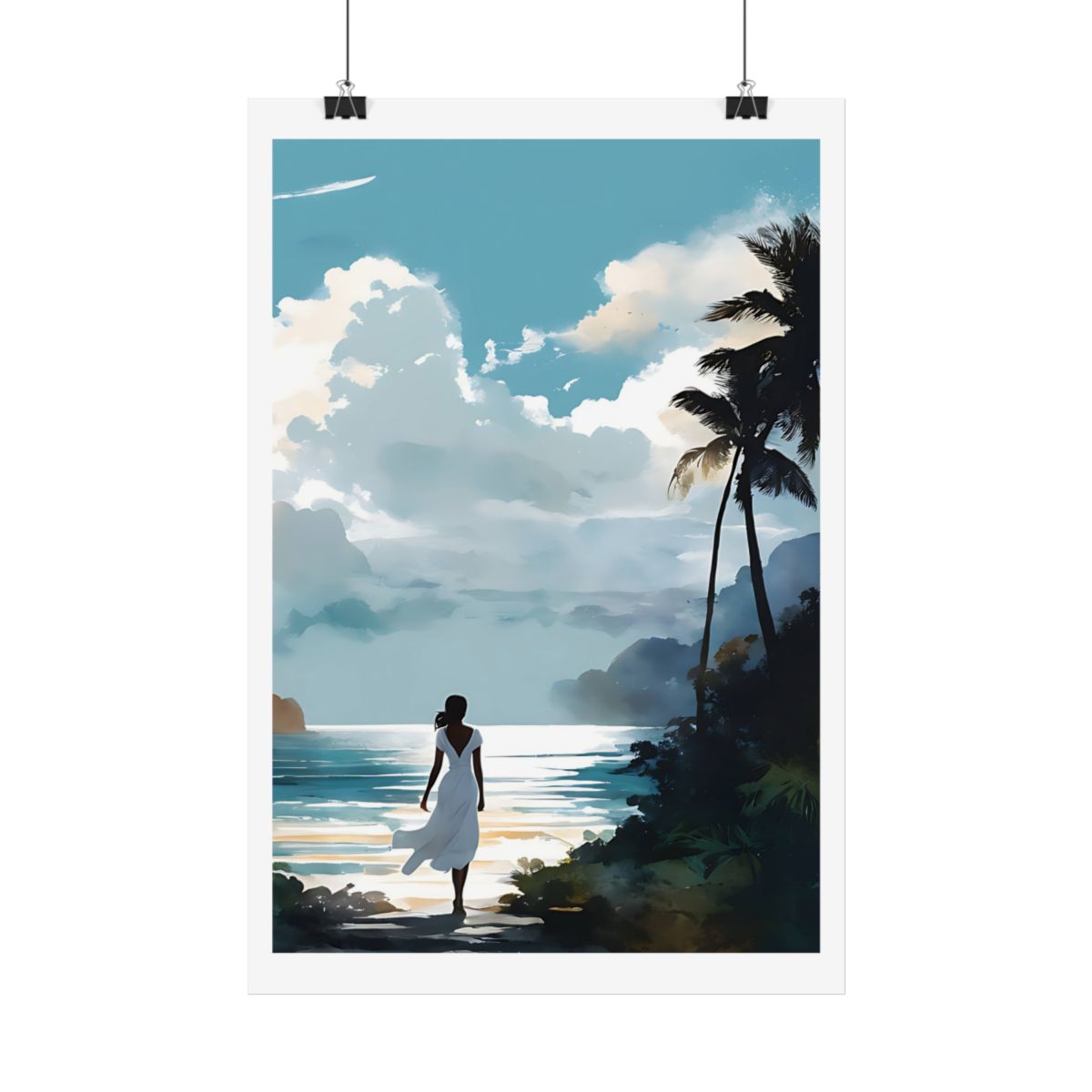 Bay of Dreams tropical lagoon poster – hanging example watercolor wall art print