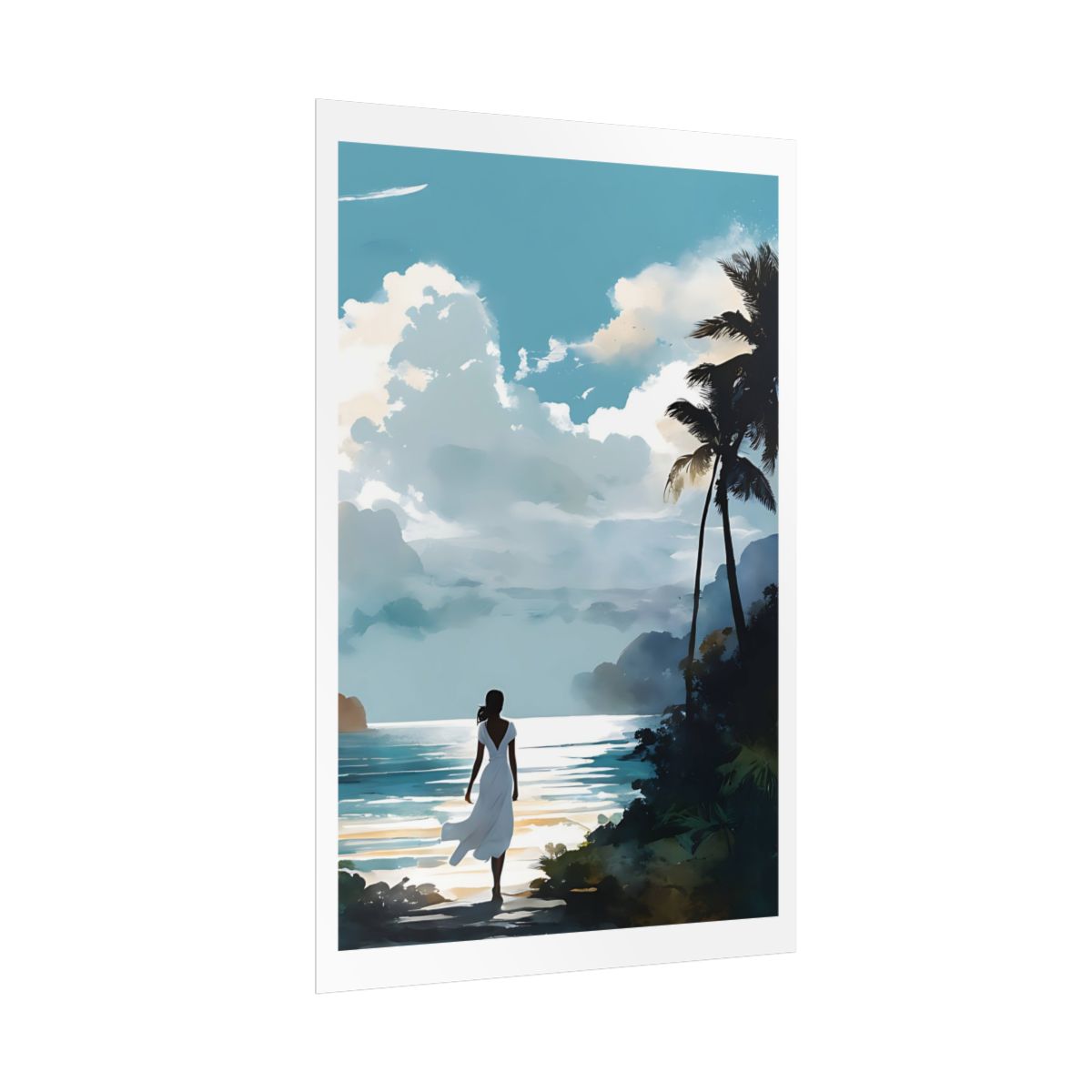 Bay of Dreams tropical lagoon poster – side angle example watercolor wall art print