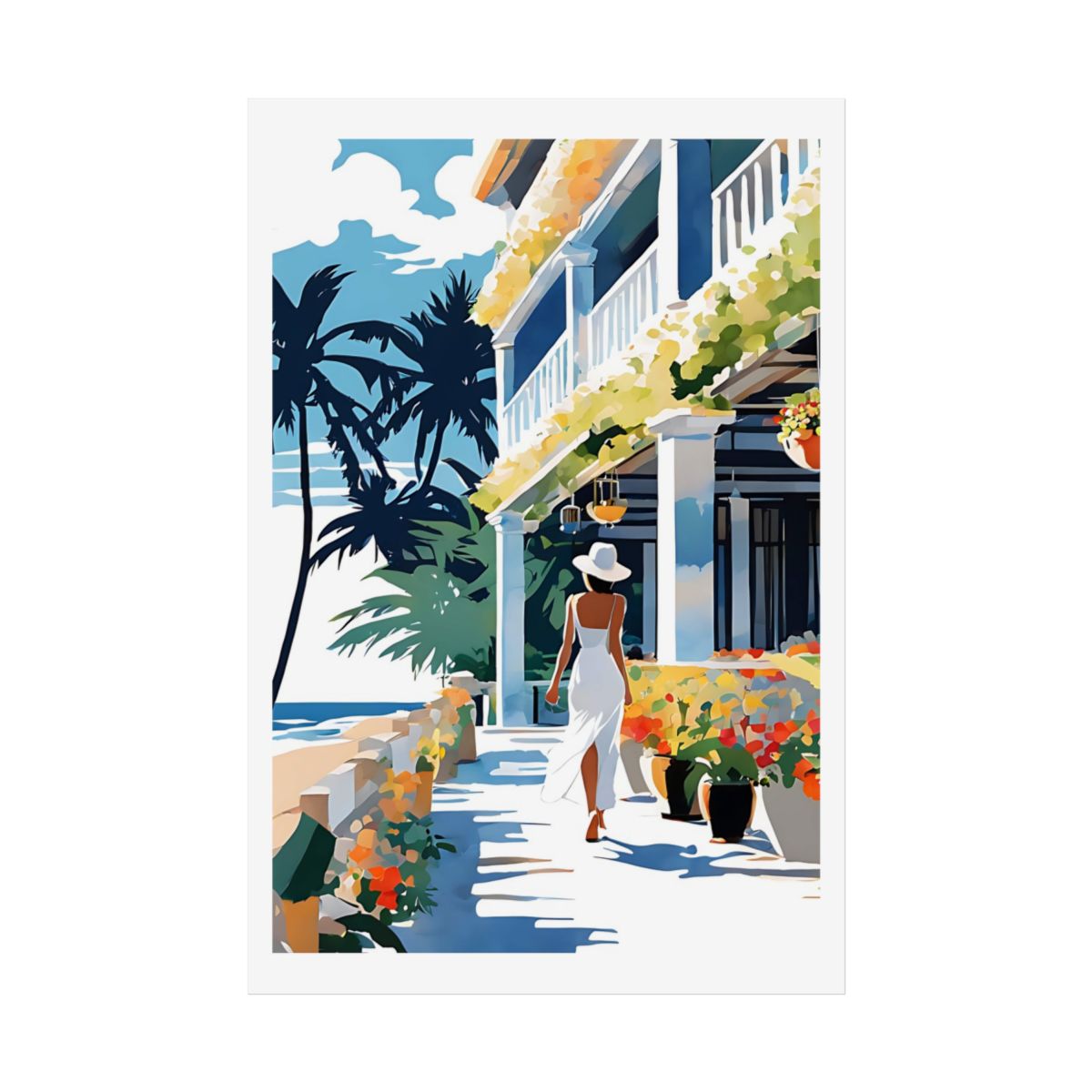 Beachfront Promenade tropical seaside poster – front view watercolor wall art print