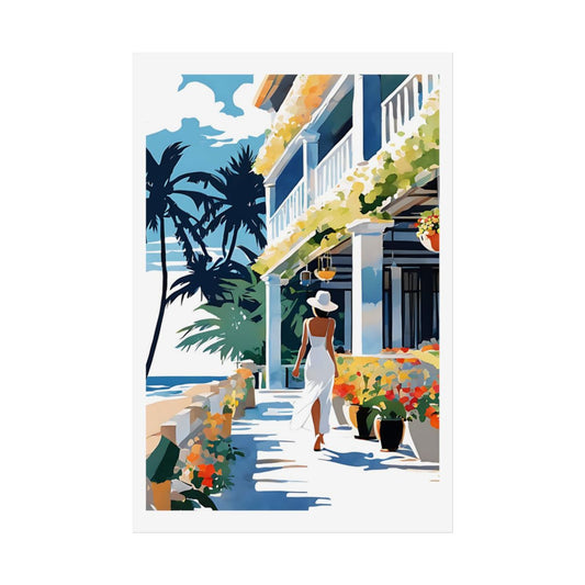Beachfront Promenade tropical seaside poster – front view watercolor wall art print