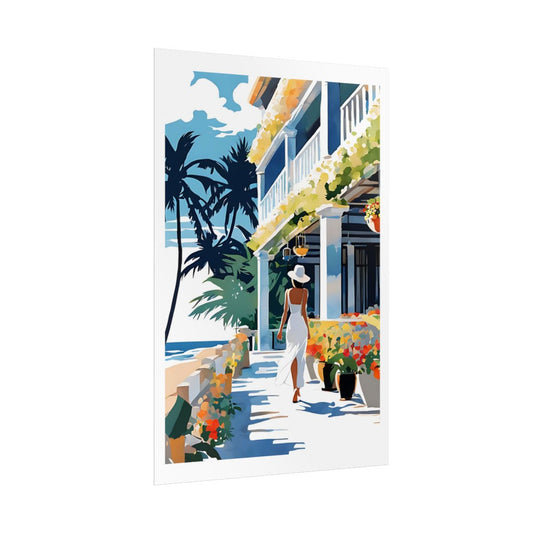 Beachfront Promenade tropical seaside poster – side angle example watercolor wall art print