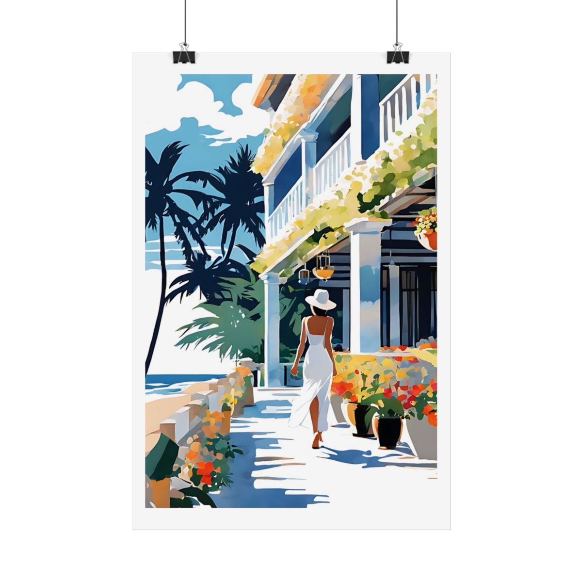 Beachfront Promenade tropical seaside poster – hanging example watercolor wall art print