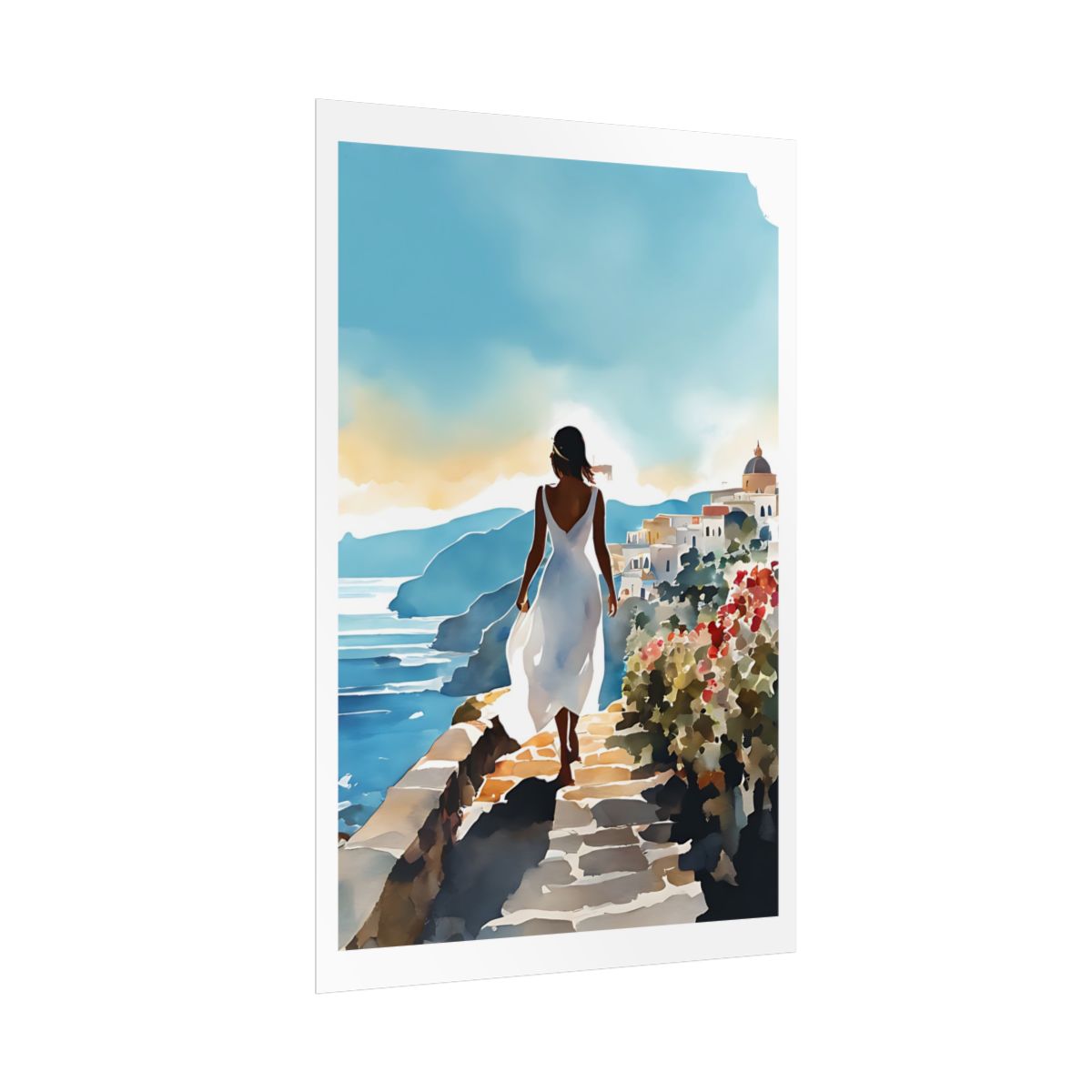 Bougainvillea Path Greek island poster – side angle example watercolor wall art print