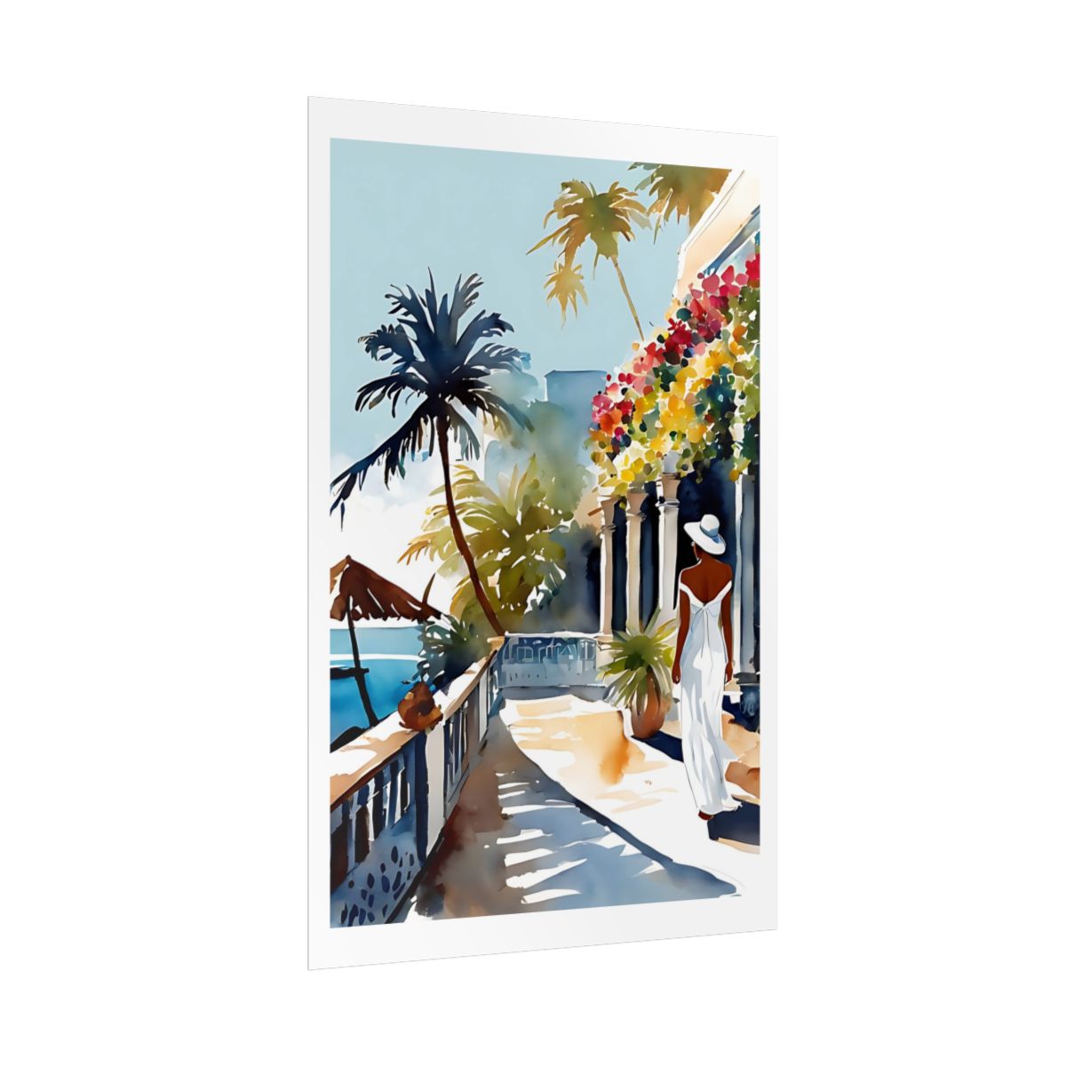 Bougainvillea Terrace Caribbean resort poster – side angle example watercolor wall art print