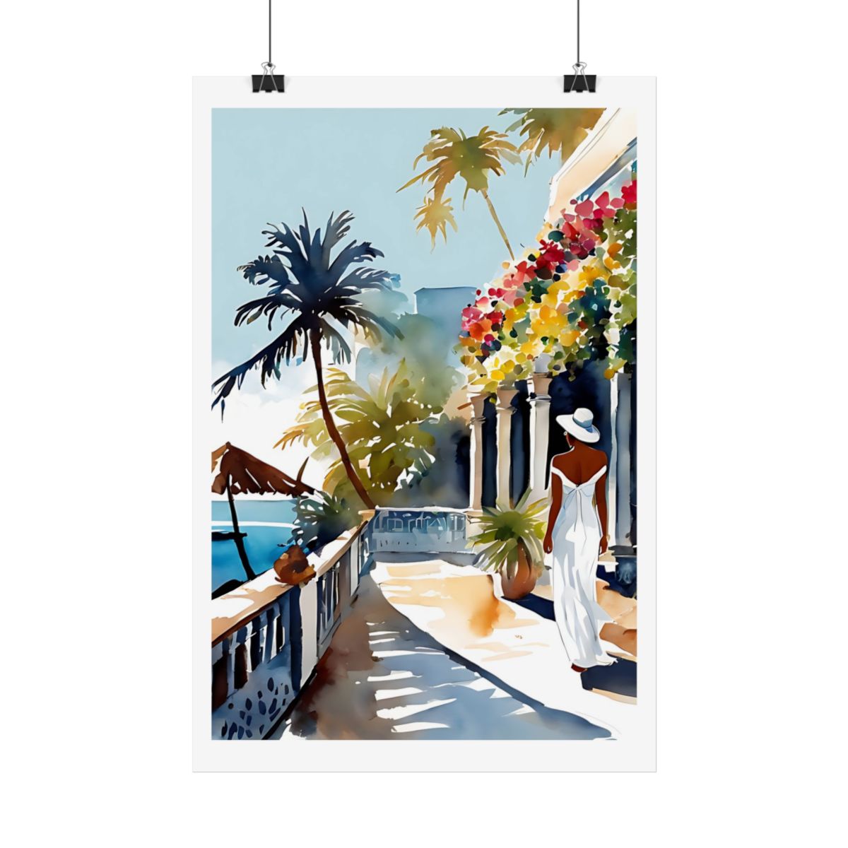 Bougainvillea Terrace Caribbean resort poster – hanging example watercolor wall art print