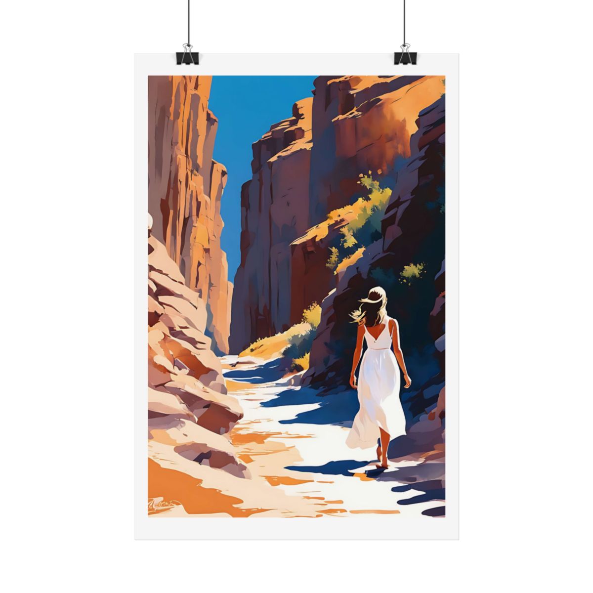 Canyon Wanderer desert canyon poster – hanging example watercolor wall art print