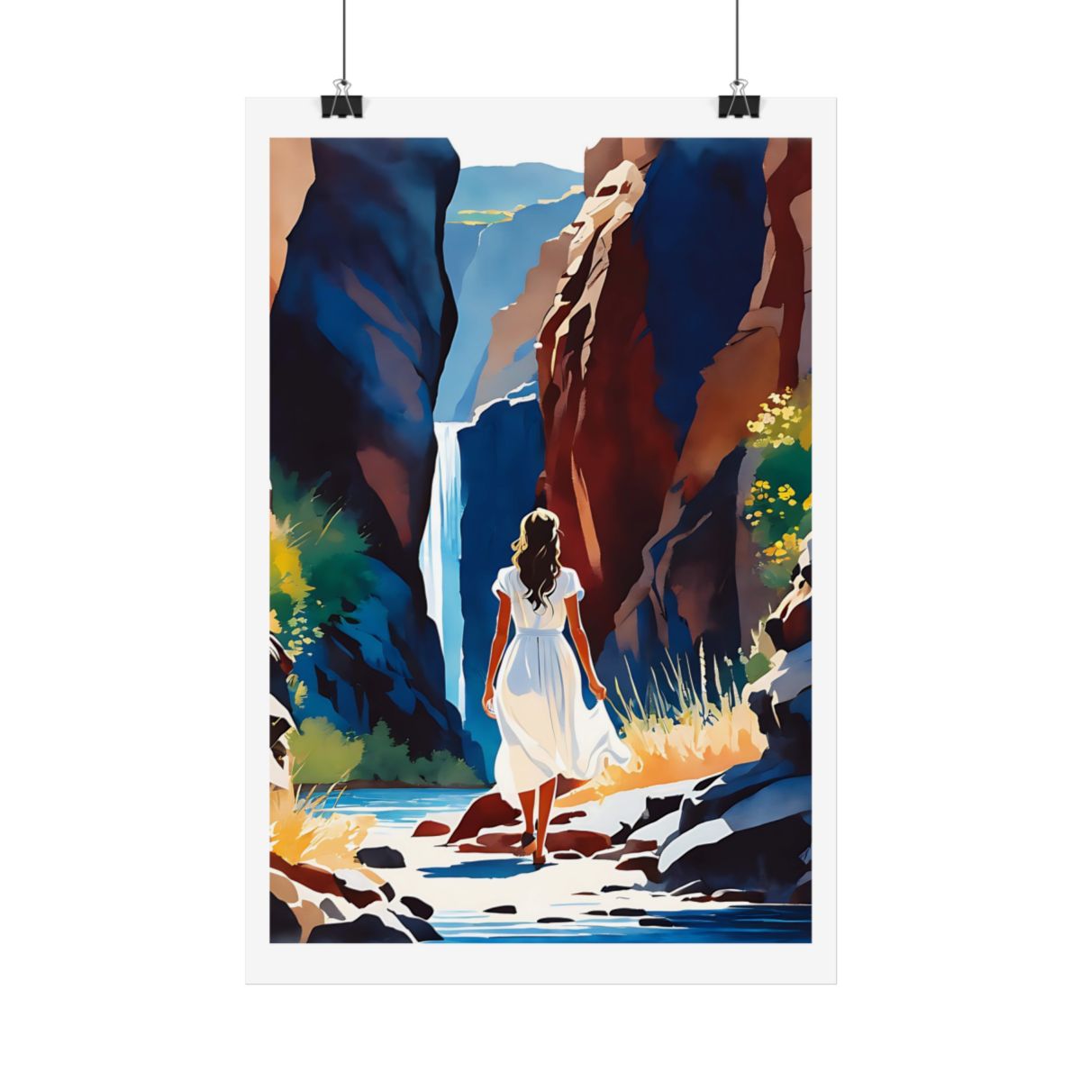 Canyon Waterfall hidden falls poster – hanging example watercolor wall art print