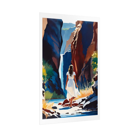 Canyon Waterfall hidden falls poster – side angle example watercolor wall art print