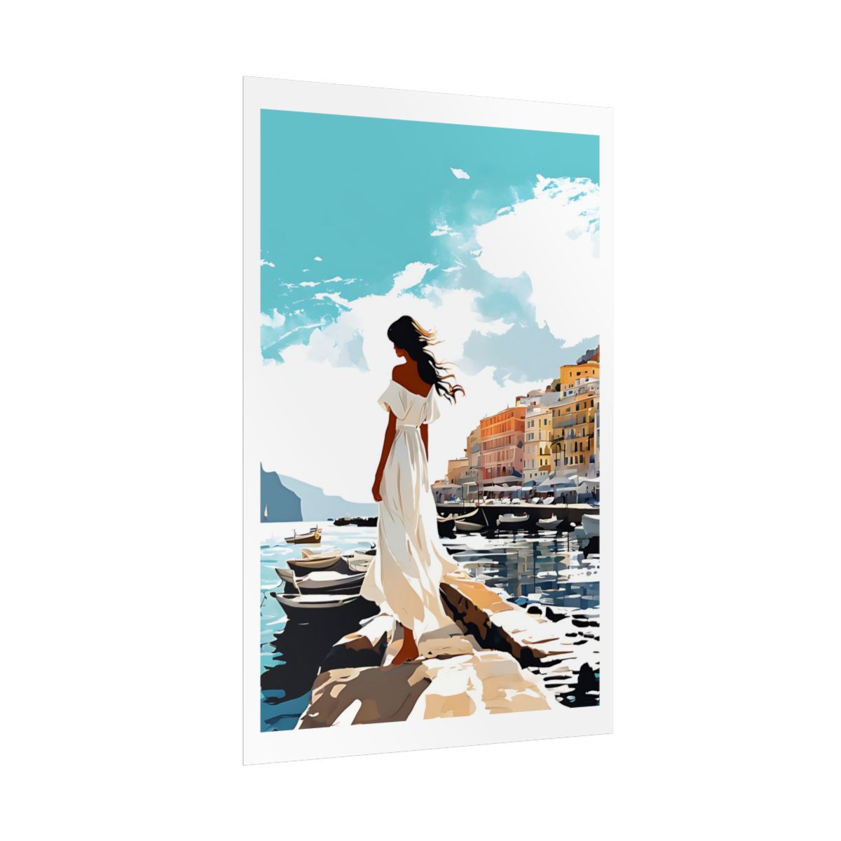 Capri Harbour Dreams Italian harbour poster – side angle example watercolor wall art print
