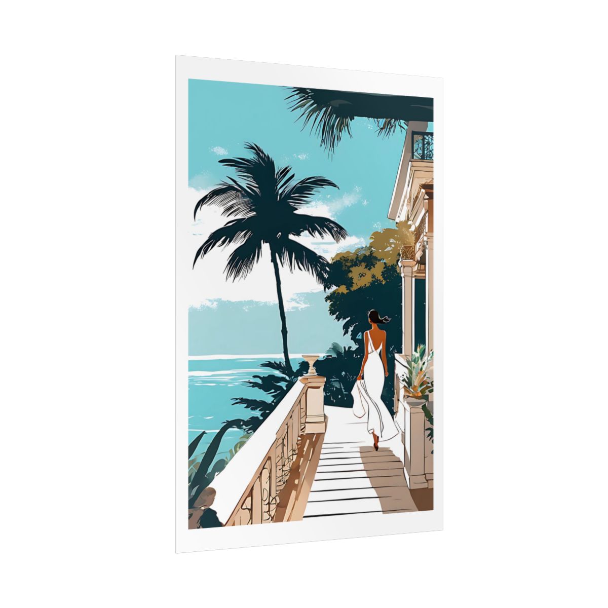 Caribbean Balcony tropical estate poster – side angle example watercolor wall art print