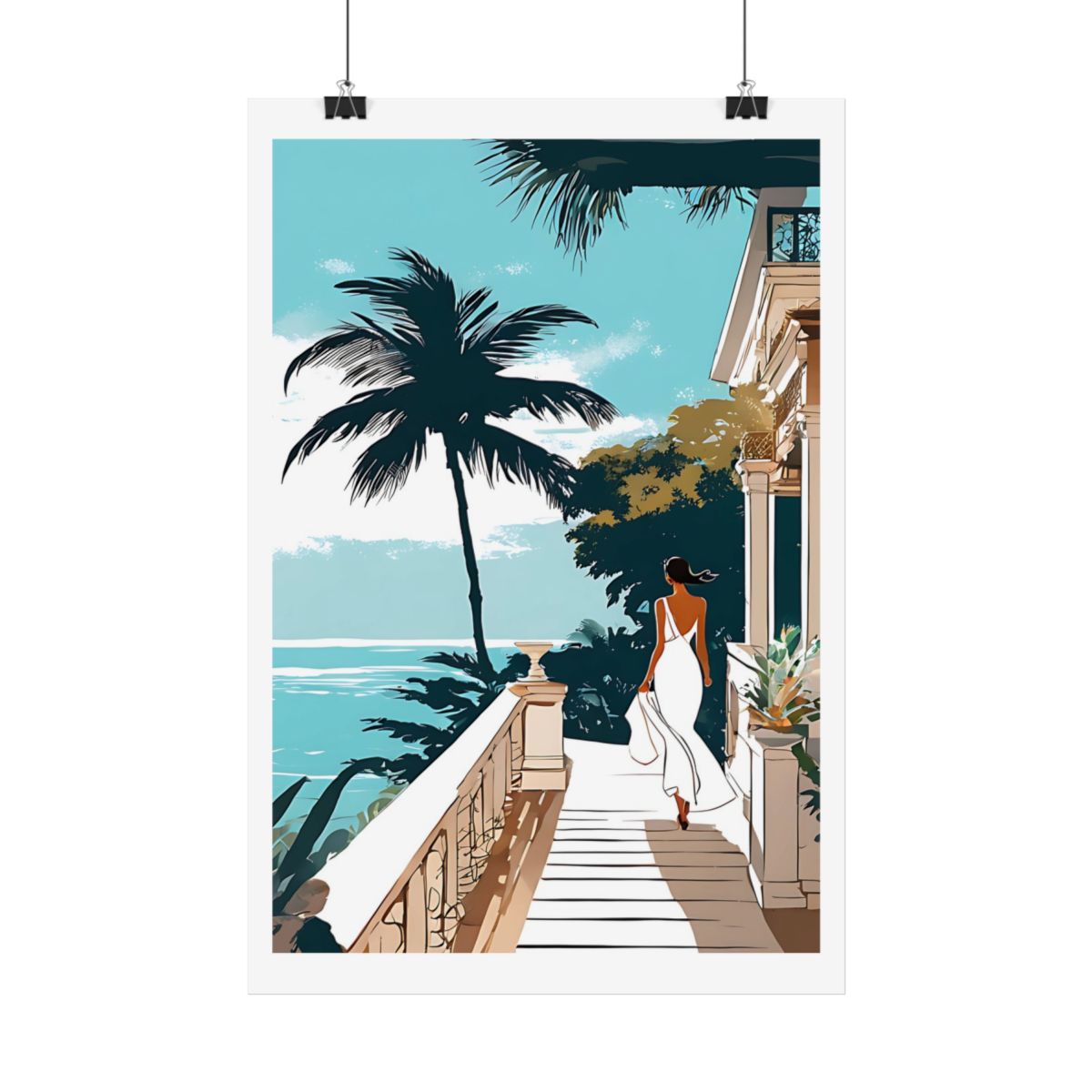 Caribbean Balcony tropical estate poster – hanging example watercolor wall art print