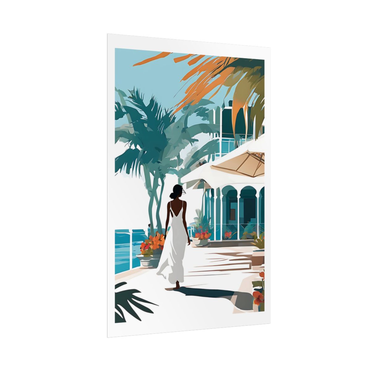 Caribbean Morning tropical paradise poster – side angle example watercolor wall art print