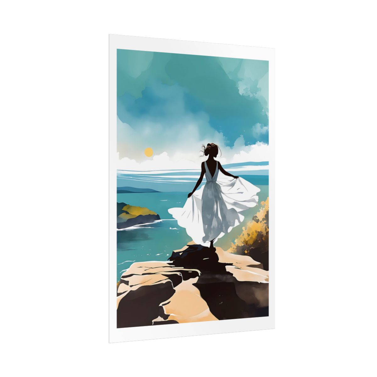 Catching the Wind coastal cliff poster – side angle example watercolor wall art print
