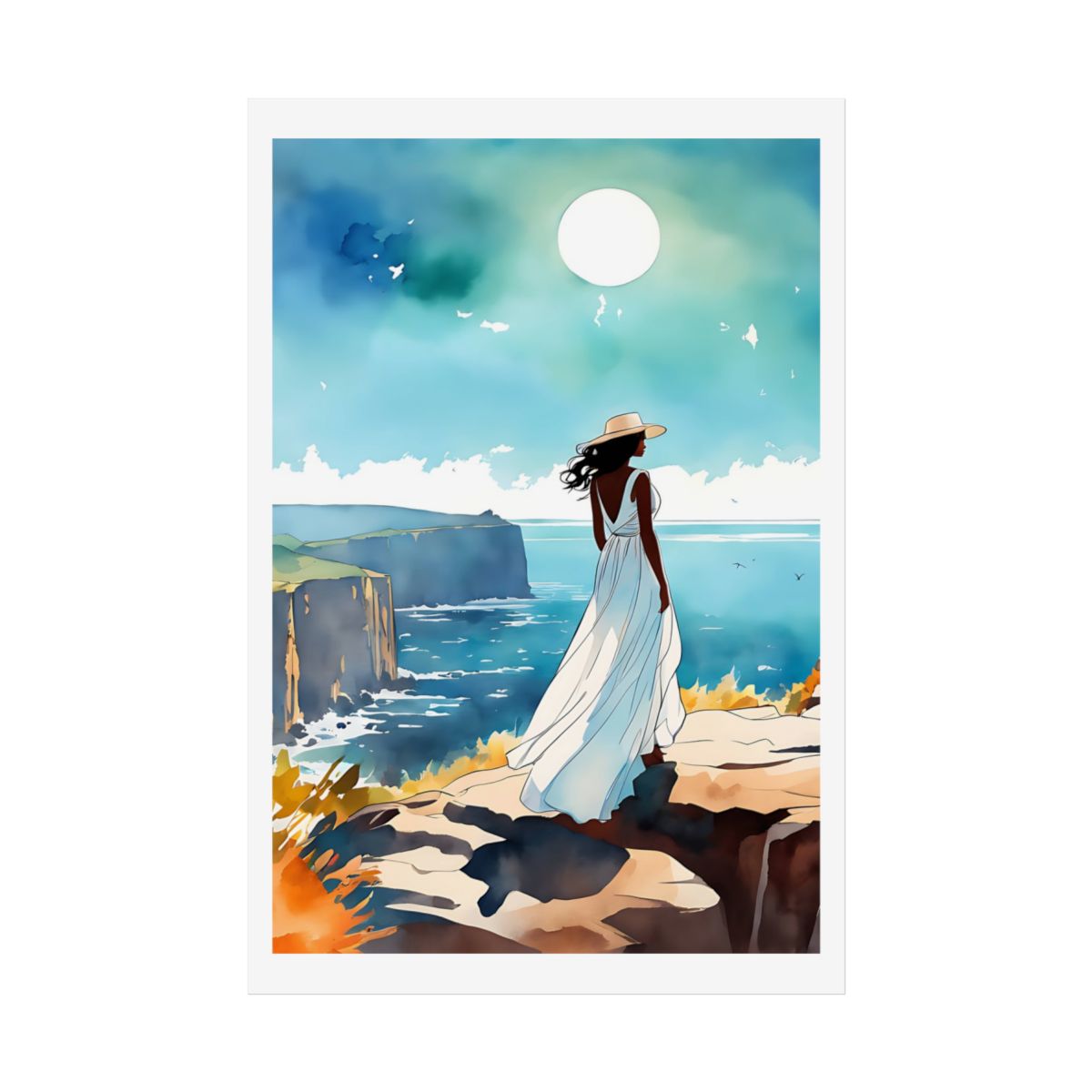 Cliffside Calm coastal cliffs poster – front view watercolor wall art print