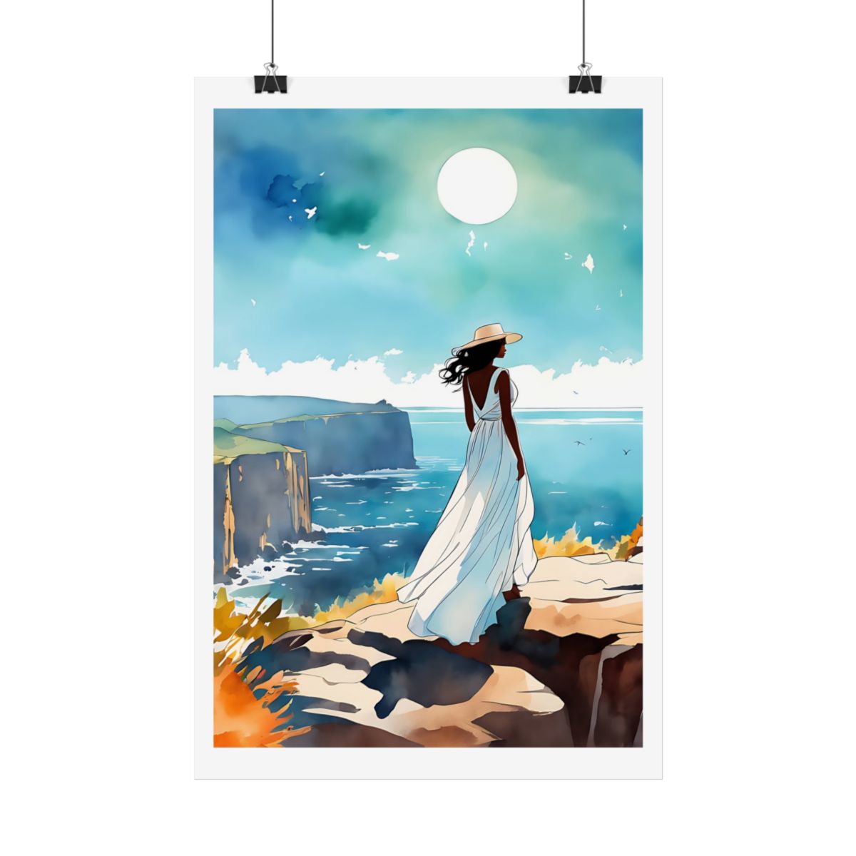 Cliffside Calm coastal cliffs poster – hanging example watercolor wall art print
