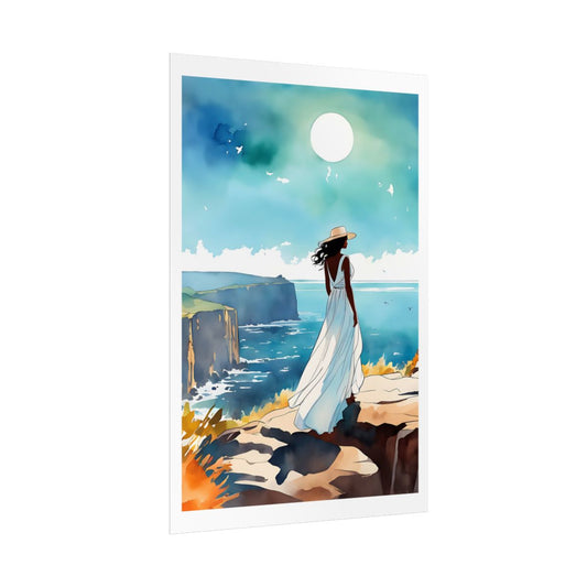 Cliffside Calm coastal cliffs poster – side angle example watercolor wall art print