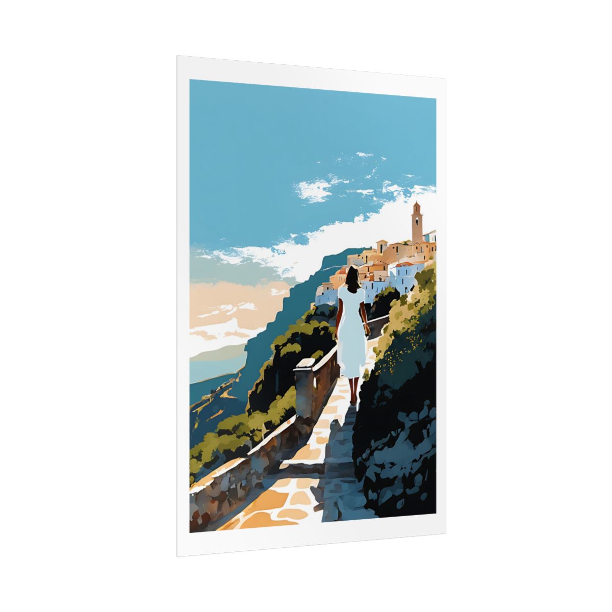 Cliffside Journey Italian Riviera poster – side angle example watercolor wall art print
