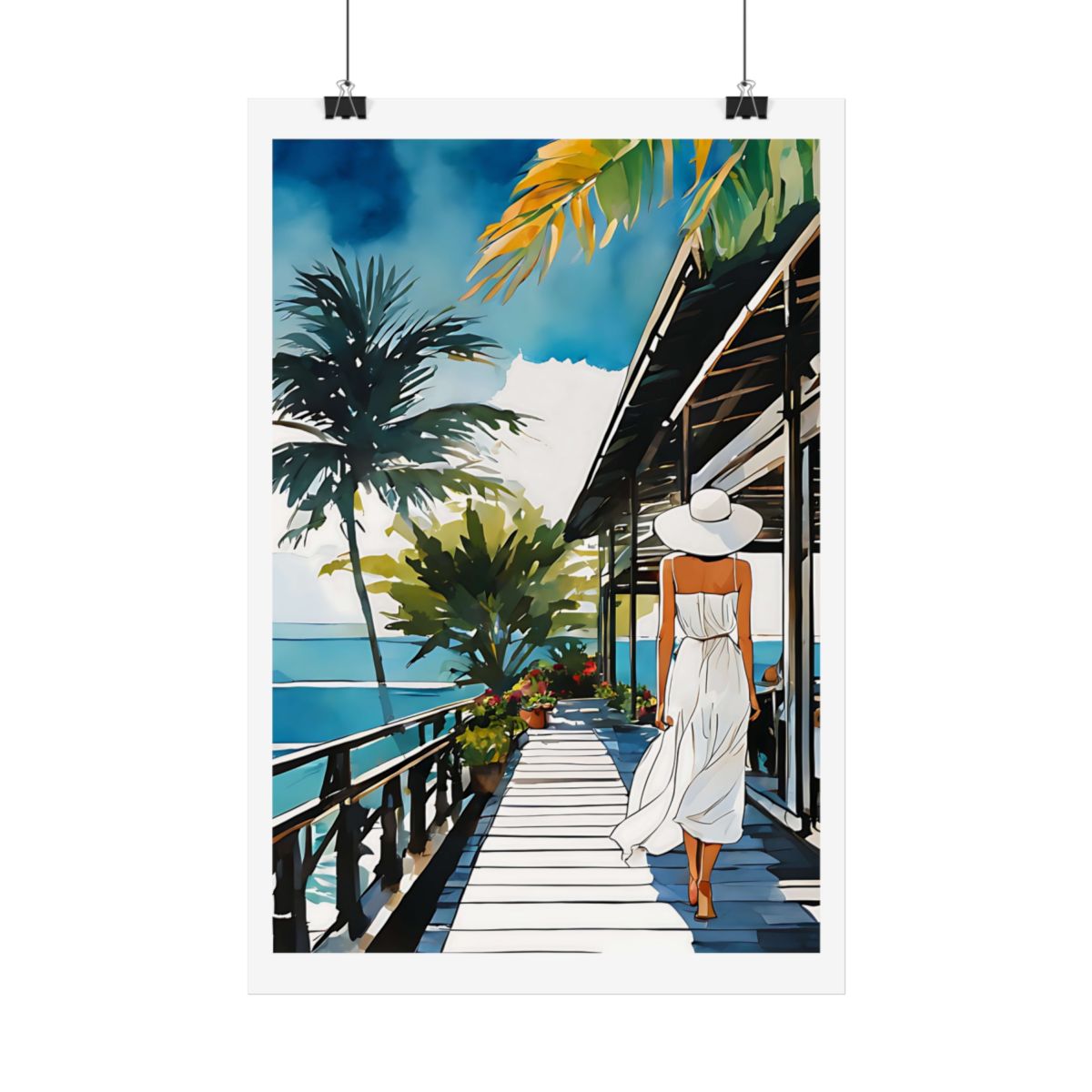Coastal Boardwalk beach restaurant poster – hanging example watercolor wall art print