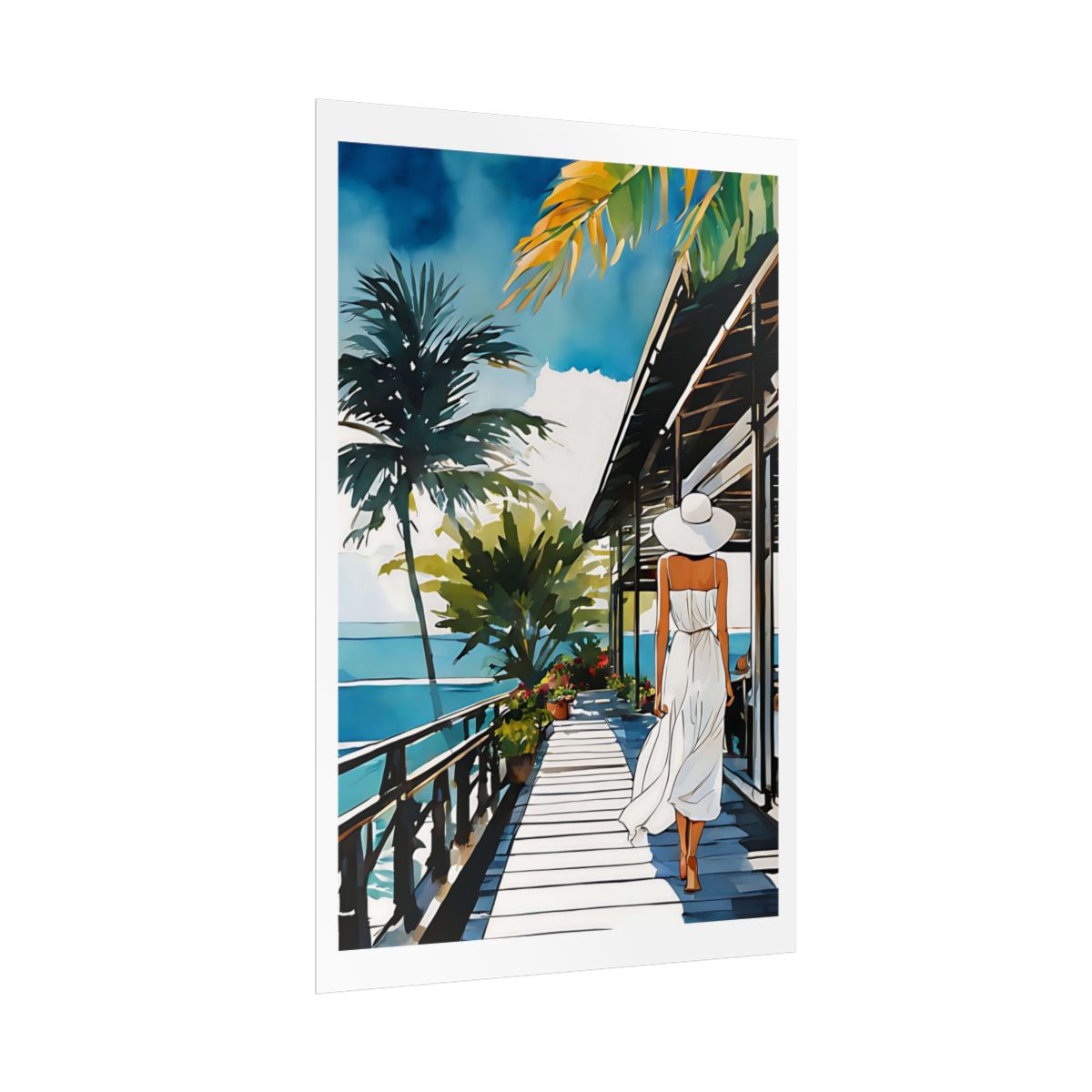 Coastal Boardwalk beach restaurant poster – side angle example watercolor wall art print