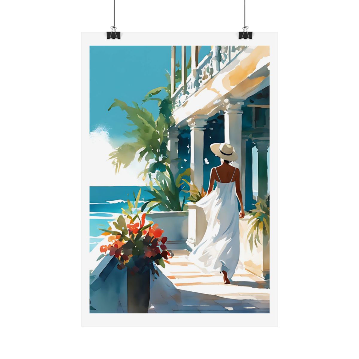 Coastal Colonnade ocean view poster – hanging example watercolor wall art print