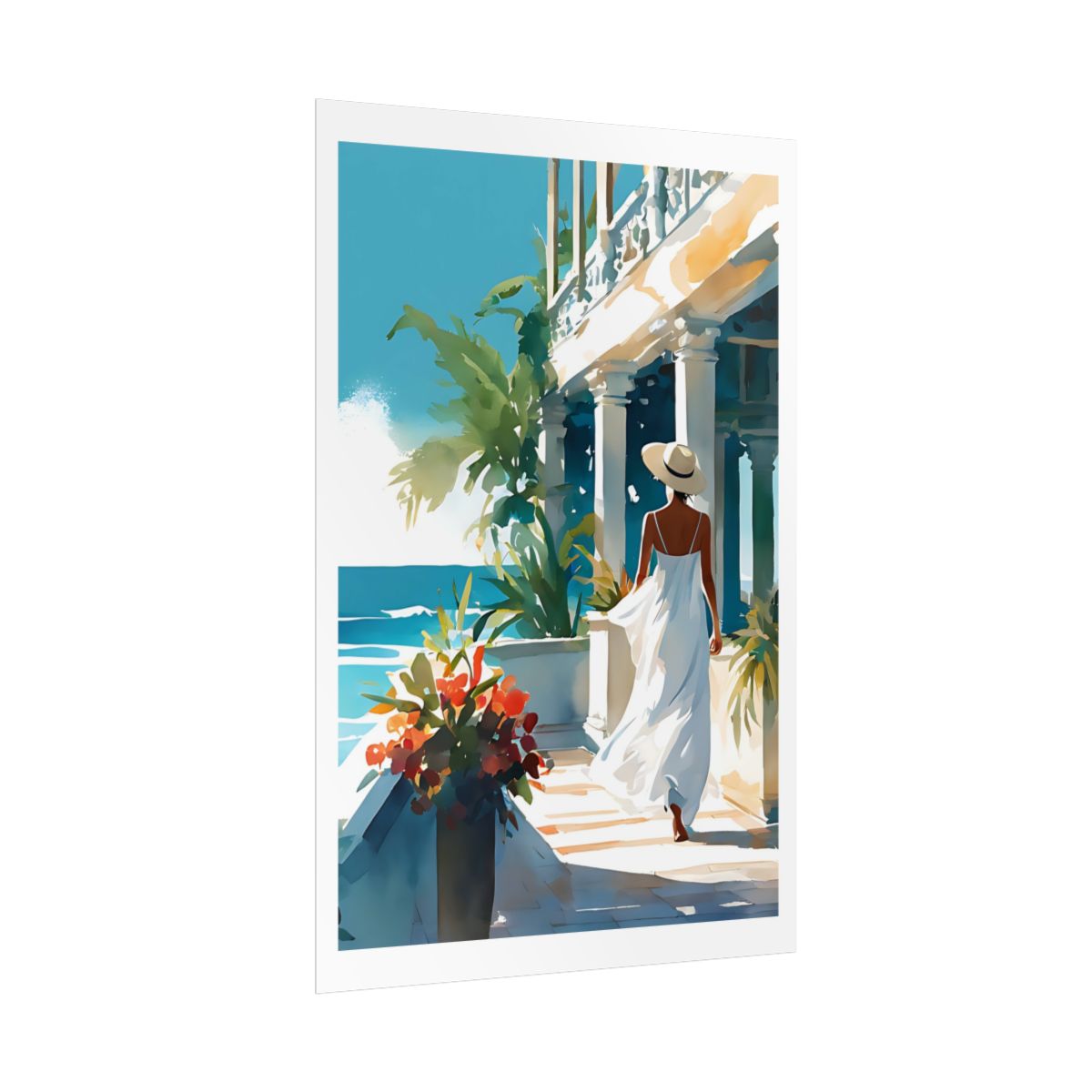 Coastal Colonnade ocean view poster – side angle example watercolor wall art print