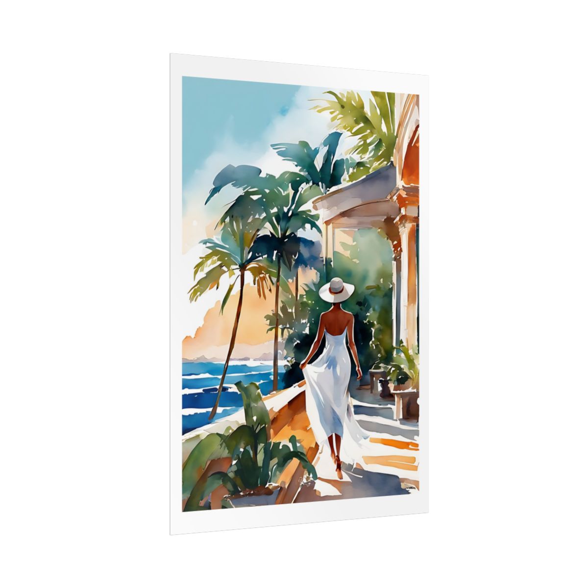 Coastal Estate tropical pavilion poster – side angle example watercolor wall art print