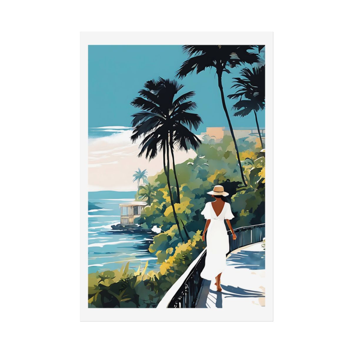 Coastal Promenade tropical resort poster – front view watercolor wall art print