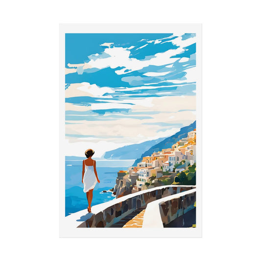 Coastal Reverie Mediterranean promenade poster – front view watercolor wall art print