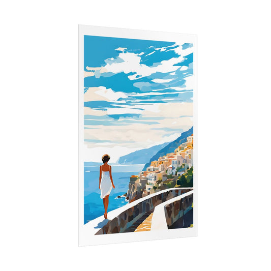 Coastal Reverie Mediterranean promenade poster – side angle example watercolor wall art print