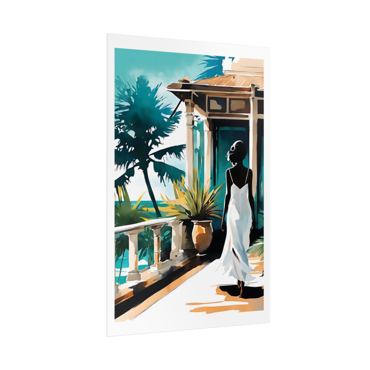Coastal Villa seaside terrace poster – side angle example watercolor wall art print