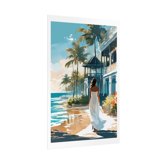 Colonial Shores Caribbean beach poster – side angle example watercolor wall art print