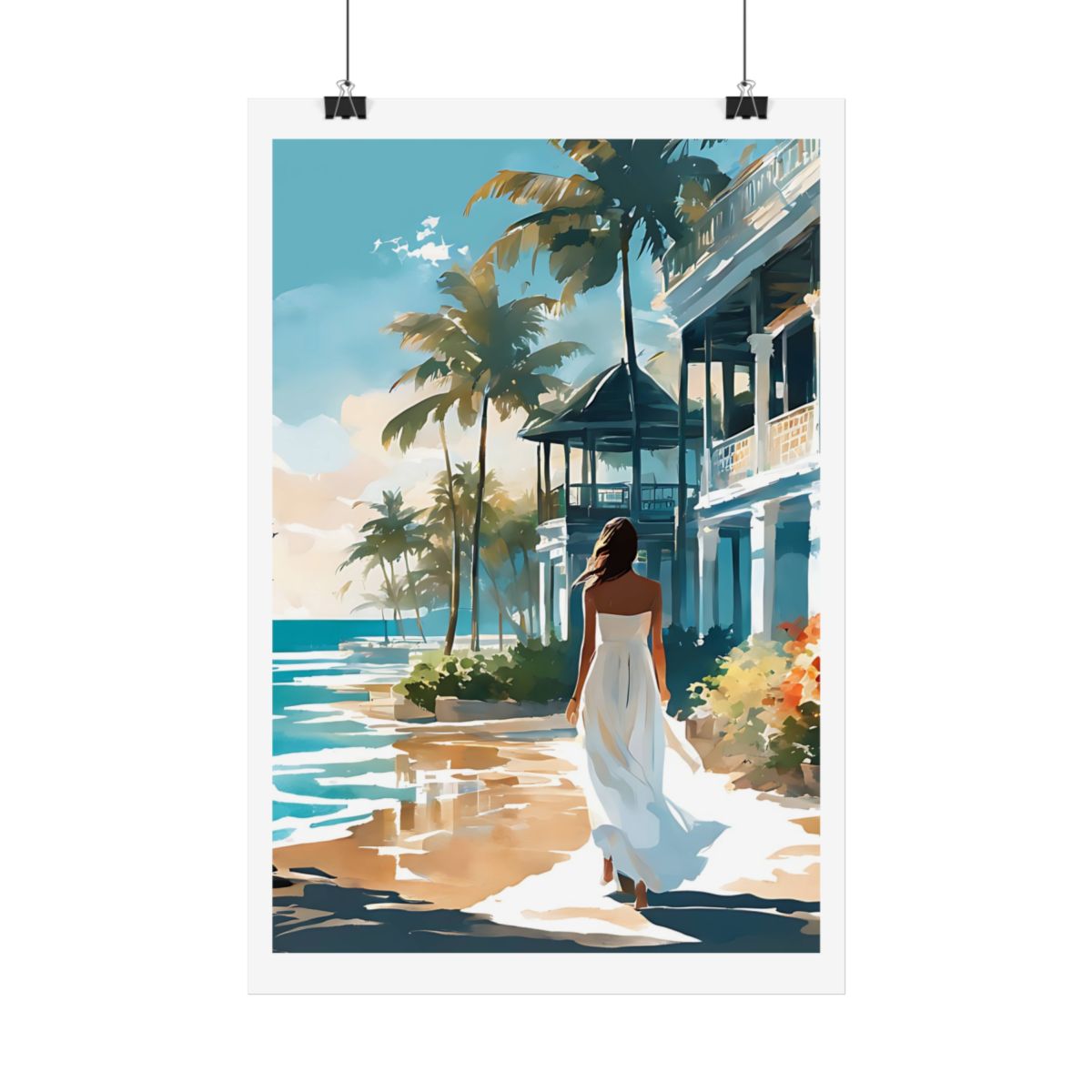 Colonial Shores Caribbean beach poster – hanging example watercolor wall art print