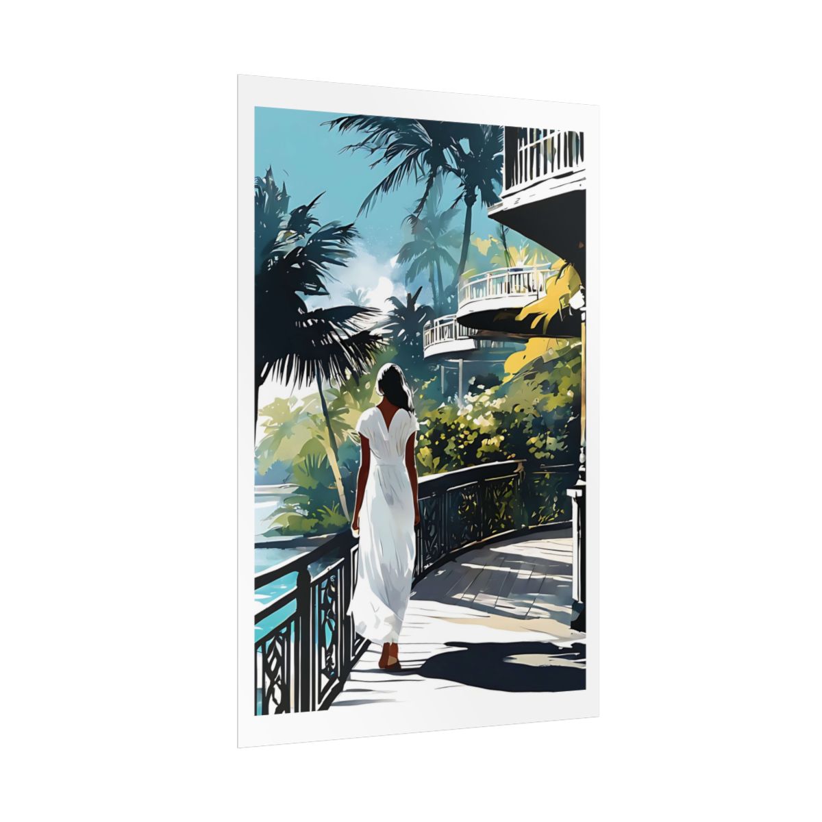 Colonial Veranda Caribbean terrace poster – side angle example watercolor wall art print