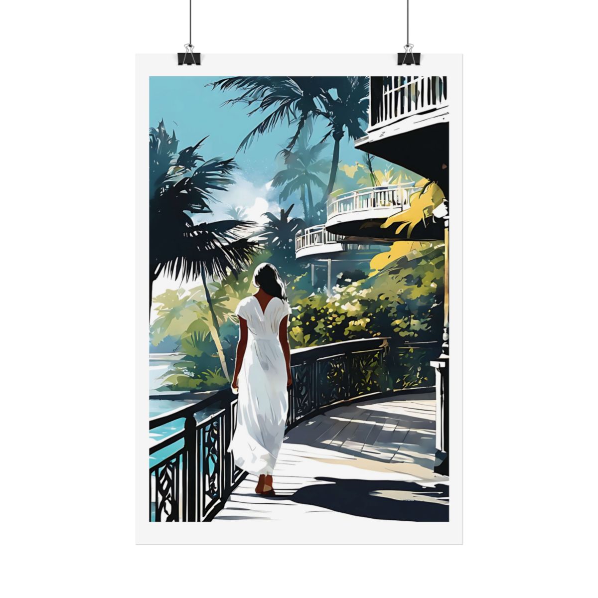 Colonial Veranda Caribbean terrace poster – hanging example watercolor wall art print