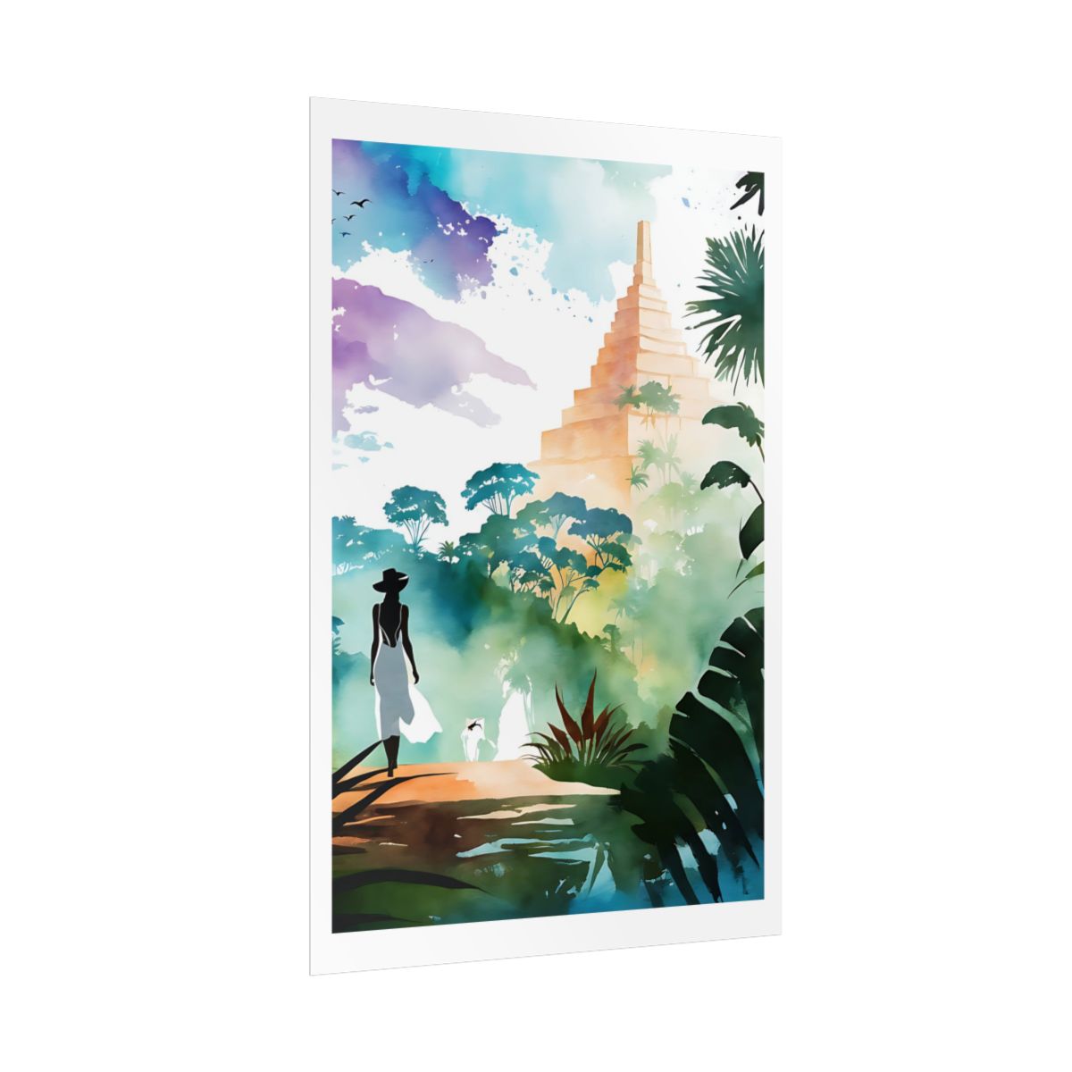 Companions in the Mist jungle temple poster – side angle example watercolor wall art print