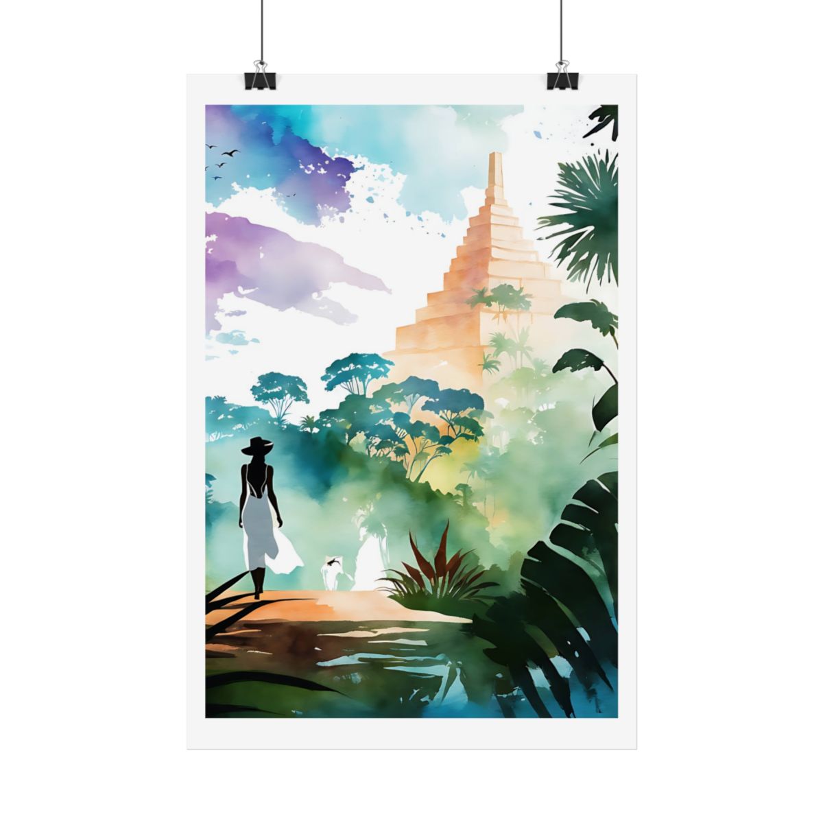 Companions in the Mist jungle temple poster – hanging example watercolor wall art print