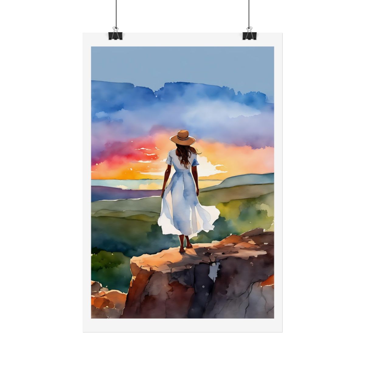 Countryside Dreams rolling hills poster – hanging example watercolor wall art print