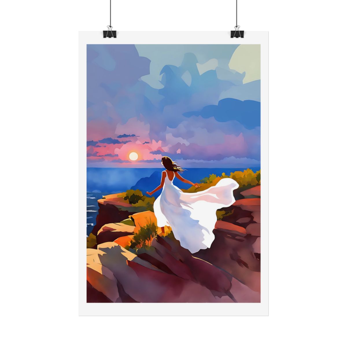 Dancing with the Sunset purple dusk poster – hanging example watercolor wall art print