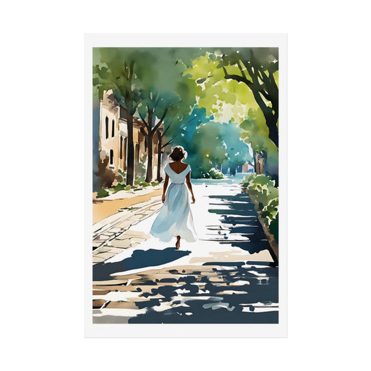 Dappled Path village street poster – front view watercolor wall art print