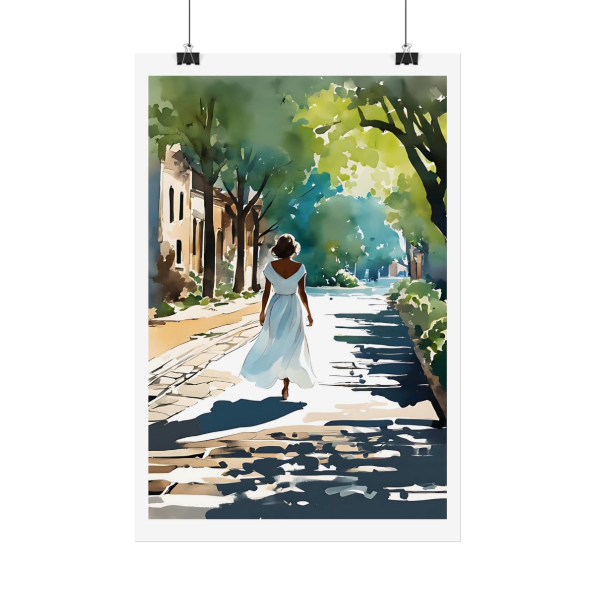 Dappled Path village street poster – hanging example watercolor wall art print