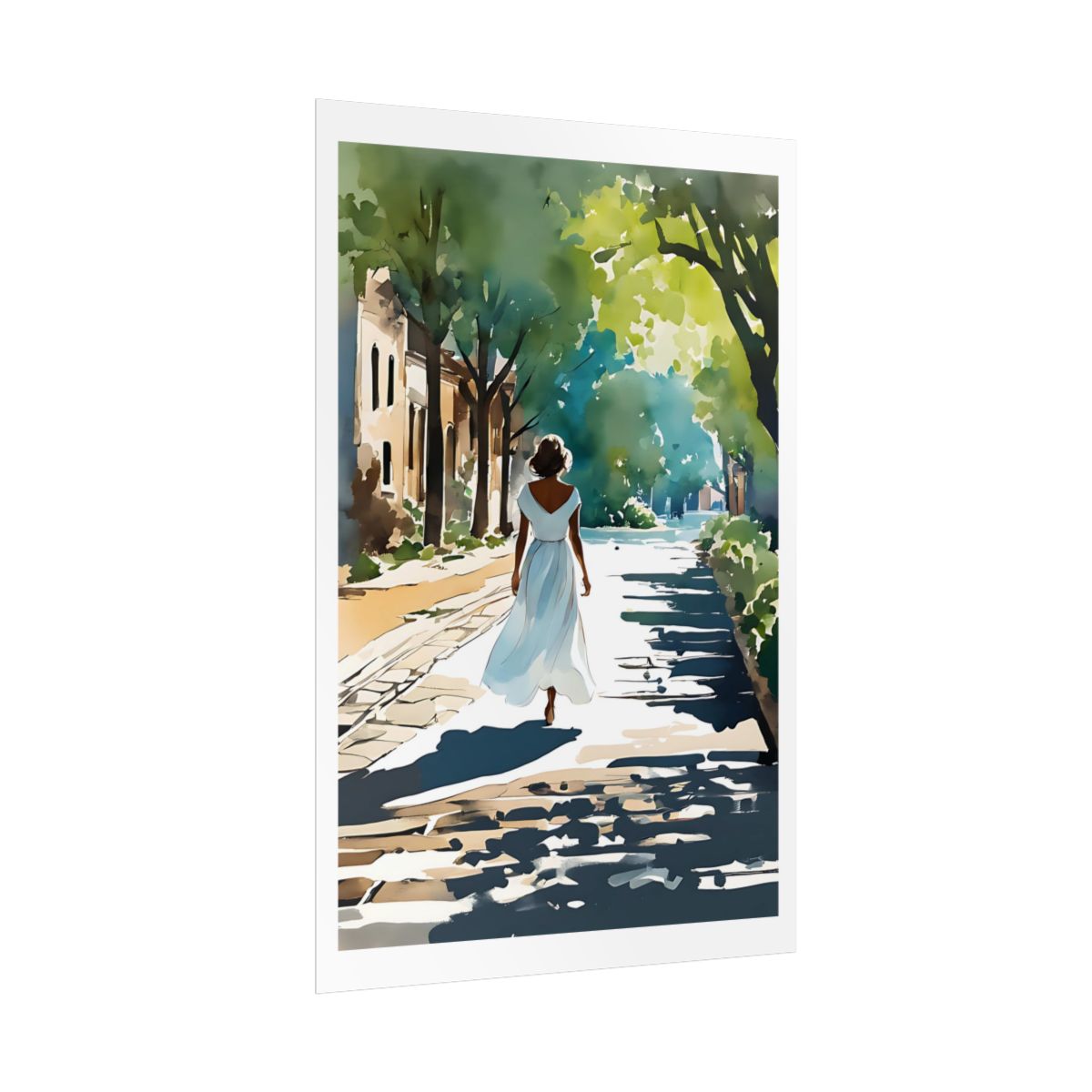 Dappled Path village street poster – side angle example watercolor wall art print