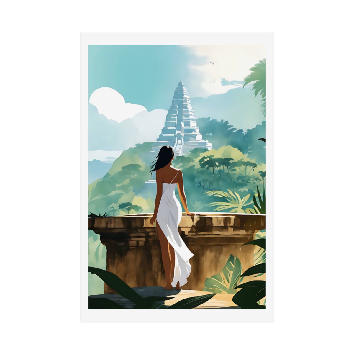 Dreamscape Woman at the Ancient Steps jungle steps poster – front view watercolor wall art print