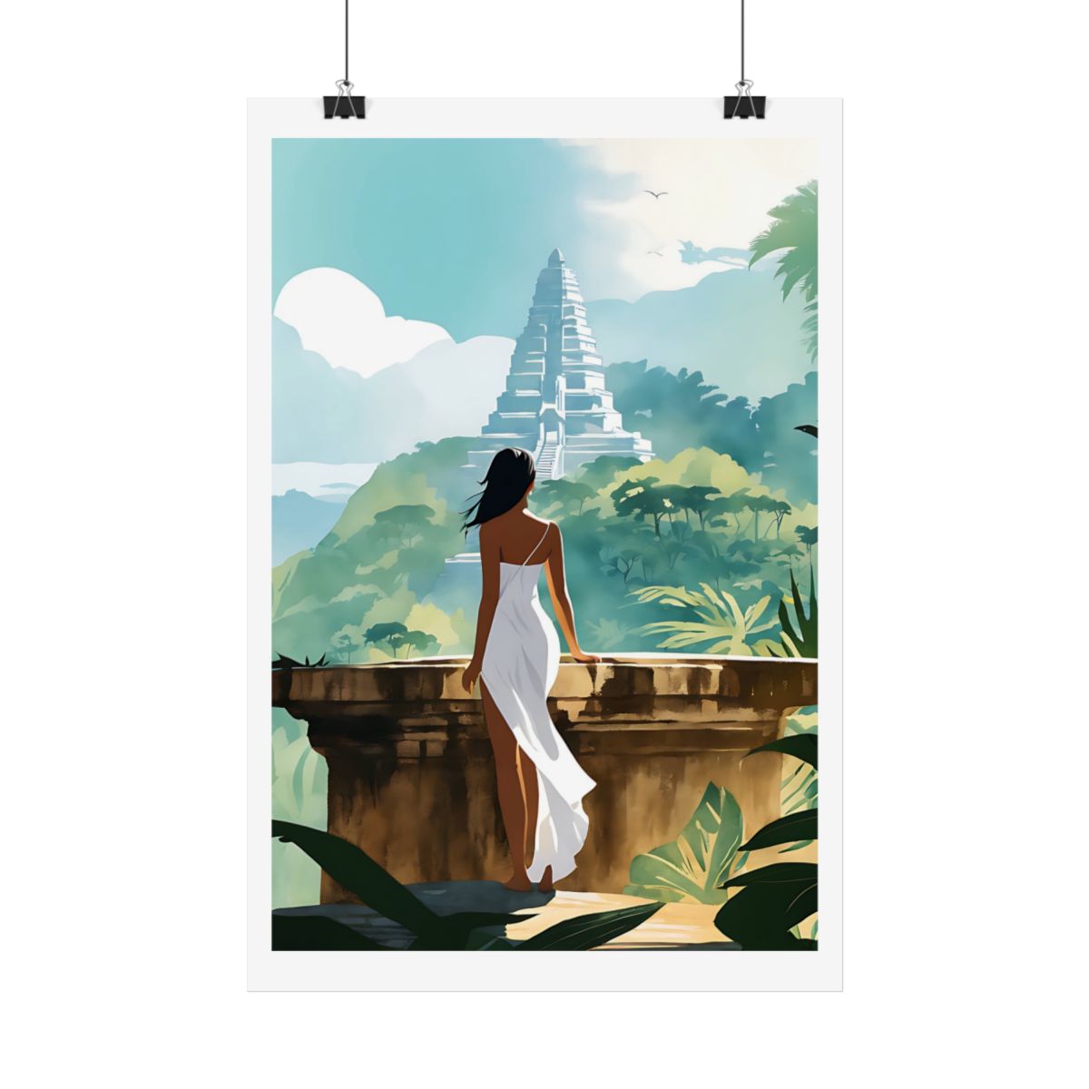 Dreamscape Woman at the Ancient Steps jungle steps poster – hanging example watercolor wall art print