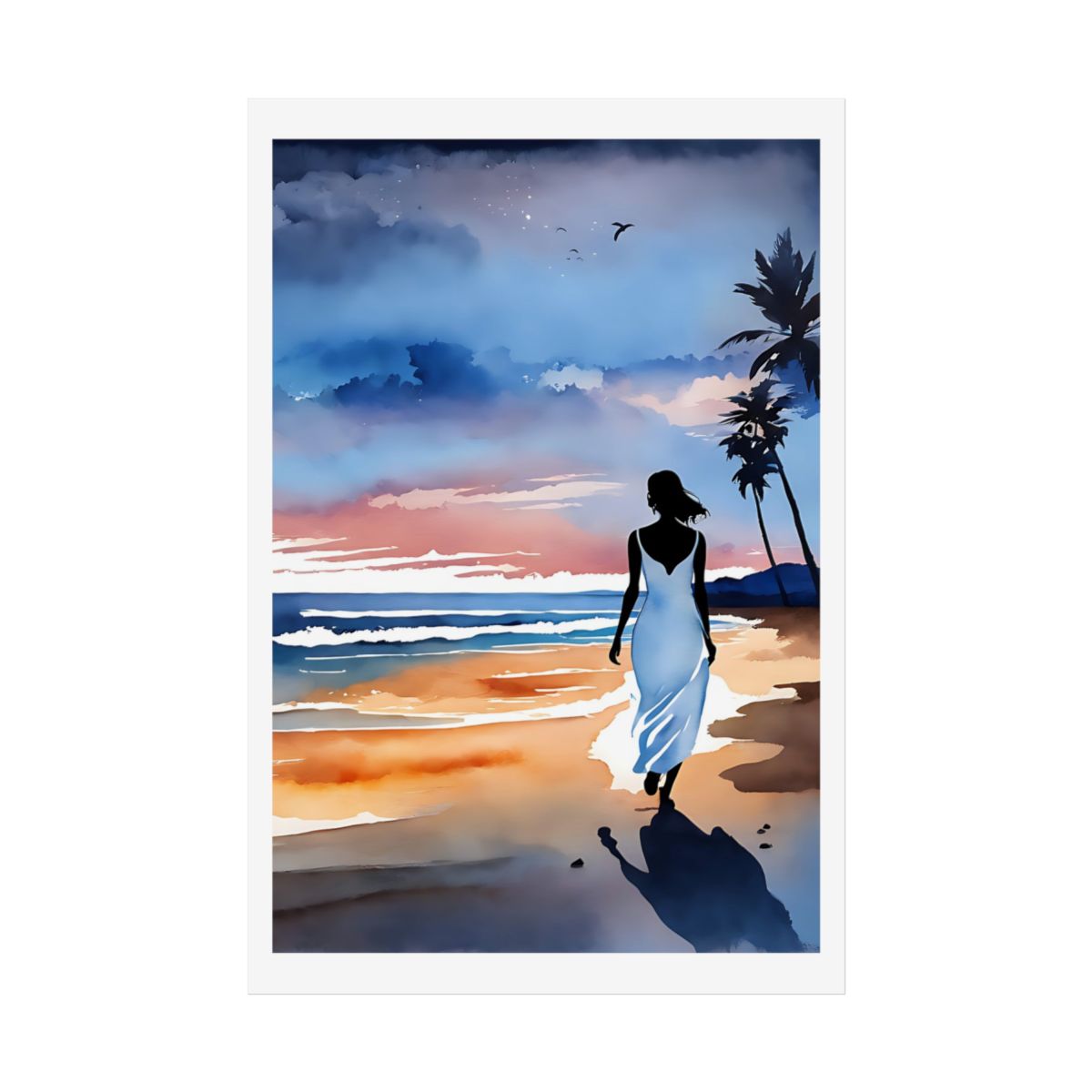 Dusk Along the Shore twilight beach poster – front view watercolor wall art print
