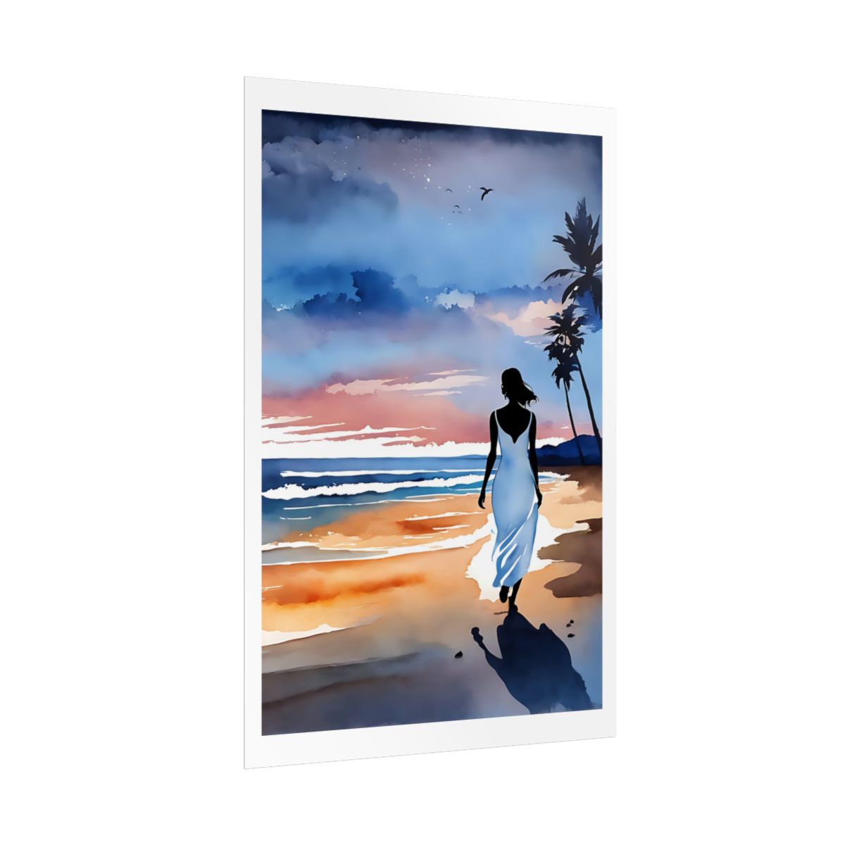Dusk Along the Shore twilight beach poster – side angle example watercolor wall art print