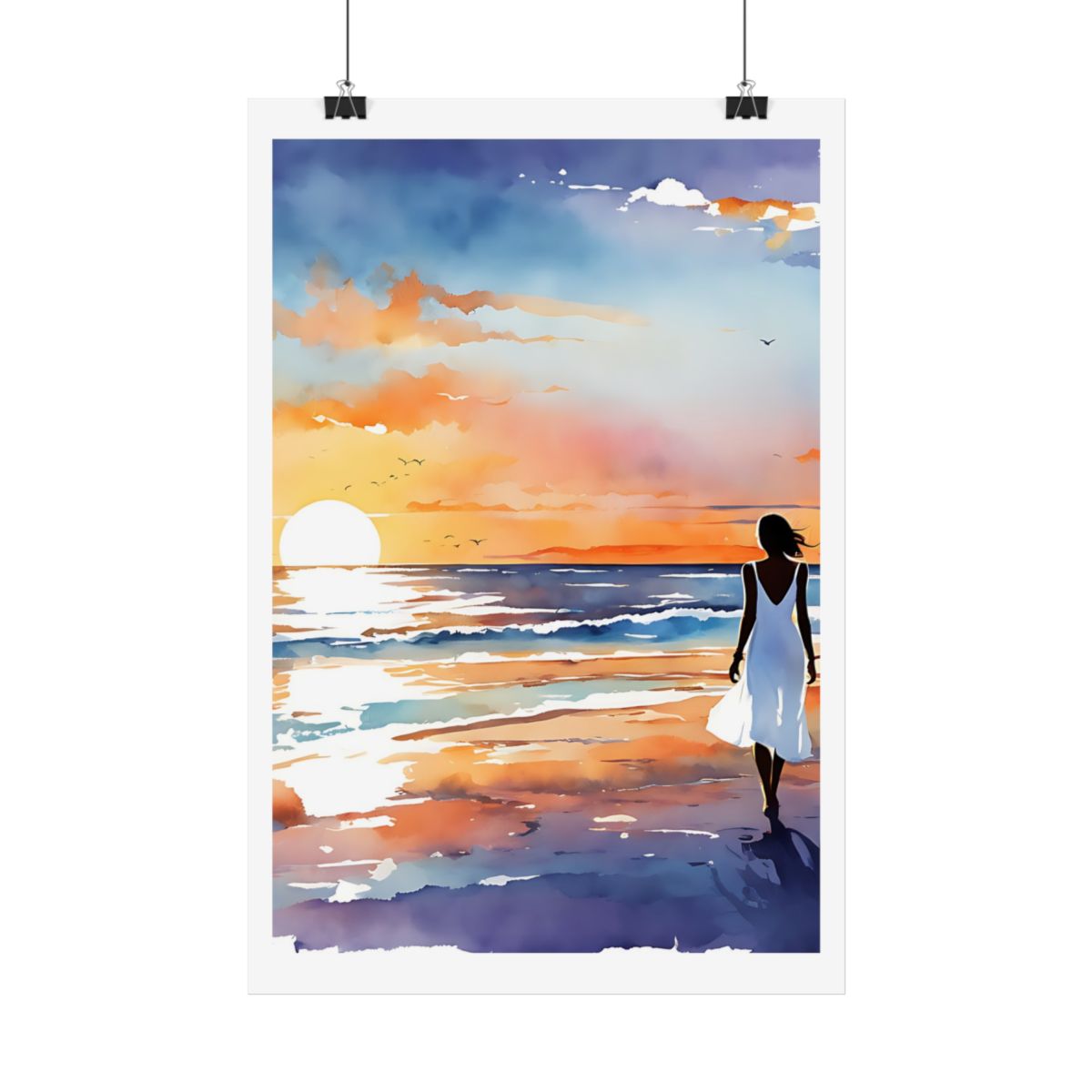 Dusk on the Shore ocean twilight poster – hanging example watercolor wall art print