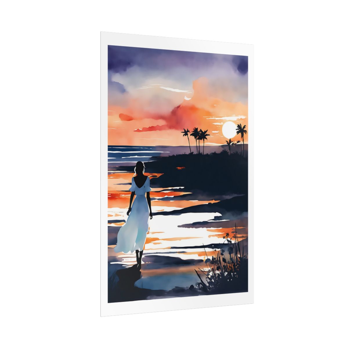 Embers of Dusk beach sunset poster – side angle example watercolor wall art print