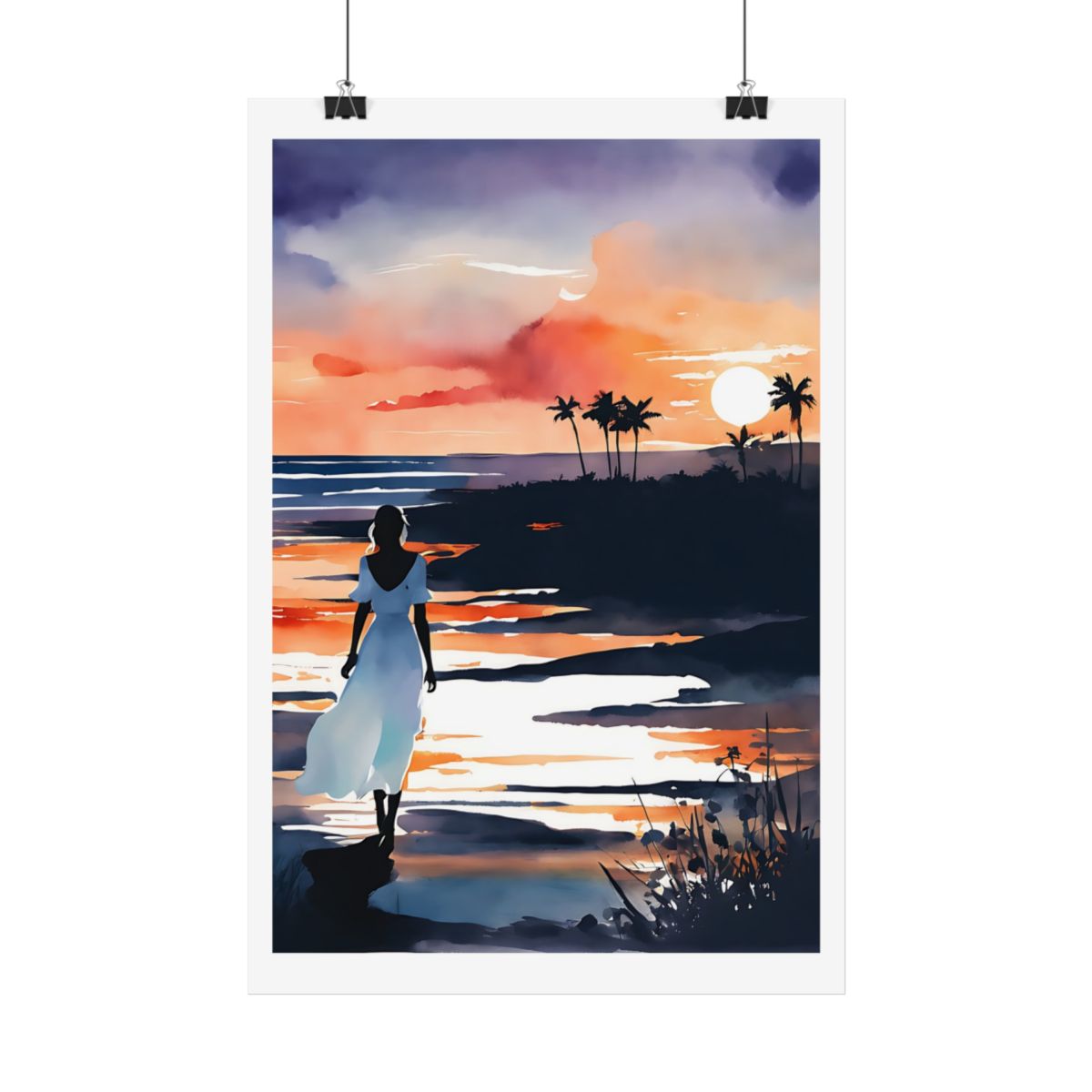 Embers of Dusk beach sunset poster – hanging example watercolor wall art print