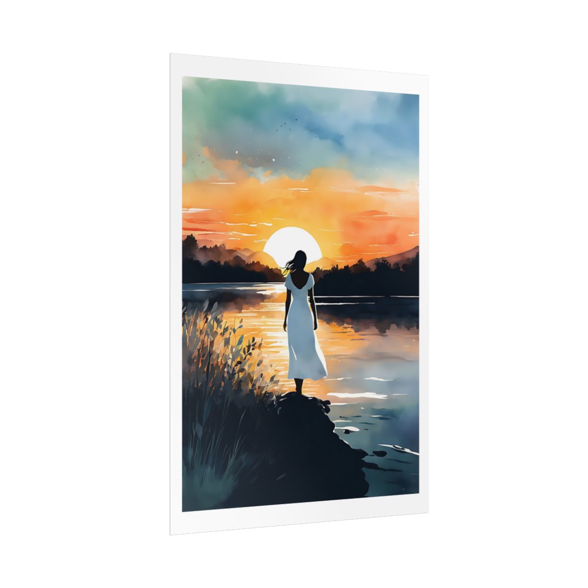 Evening Calm lake sunset poster – side angle example watercolor wall art print